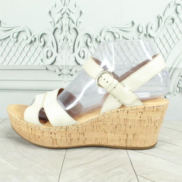 Born Shoes - BORN Tayen White Leather Cork Heel Wedge Strappy Sandals Size 8 M